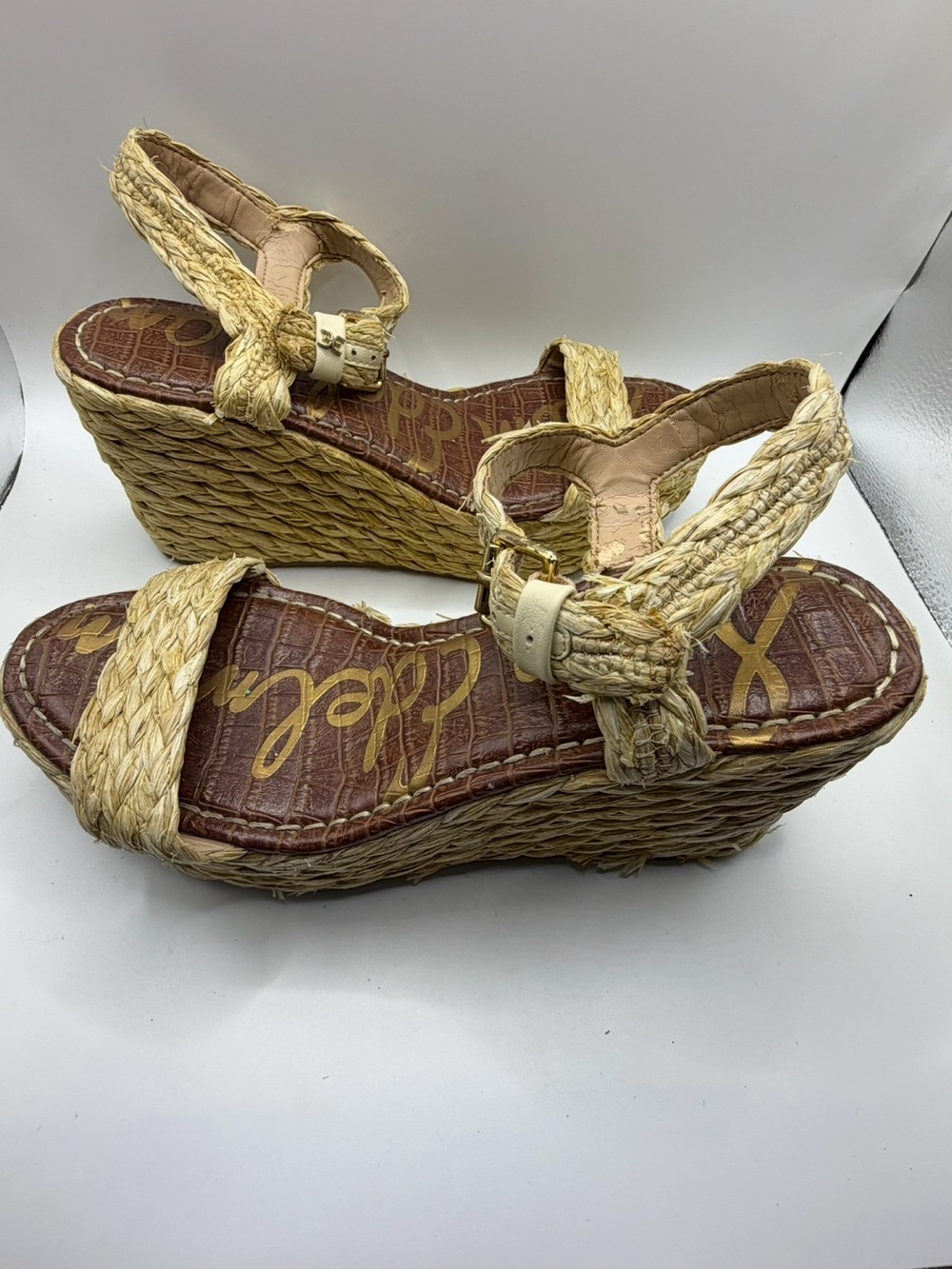 Sam Edelman Platform Braided Rafia Wedge Sandals with Ankle Straps